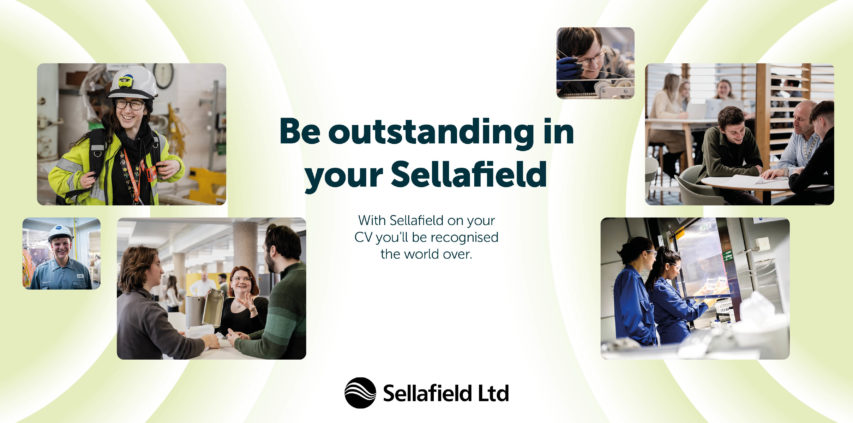 Be outstanding in your Sellafield. With Sellafield on your CV you'll be recognised the world over. Image with multiple images and text illustrating various working environments at Sellafield, from office work to on site engineering.